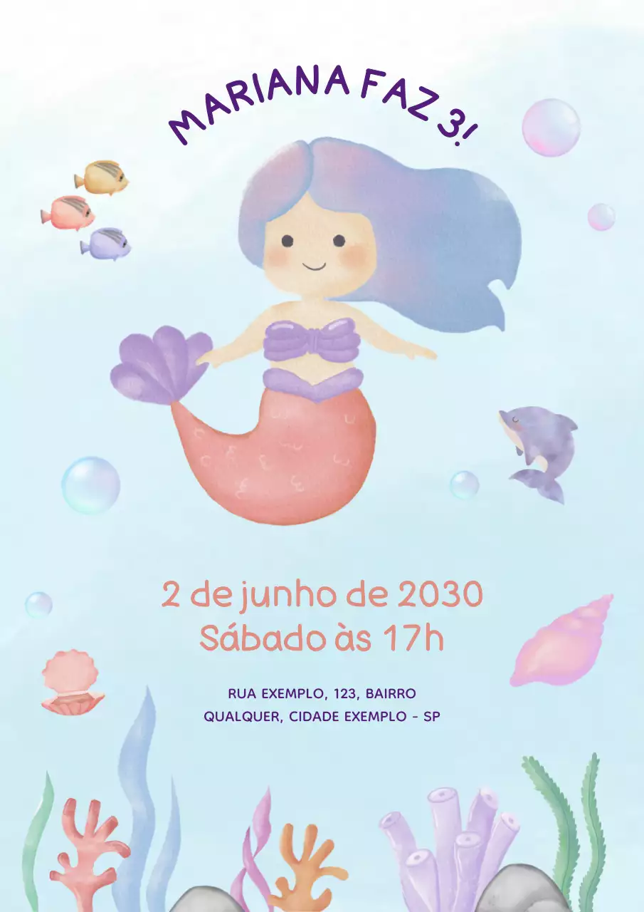 Convite de aniversário de sereia fofa roxa