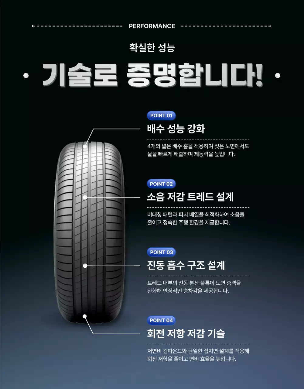 실버색의 세련된 타이어 특징 중심 타이어 판매 광고