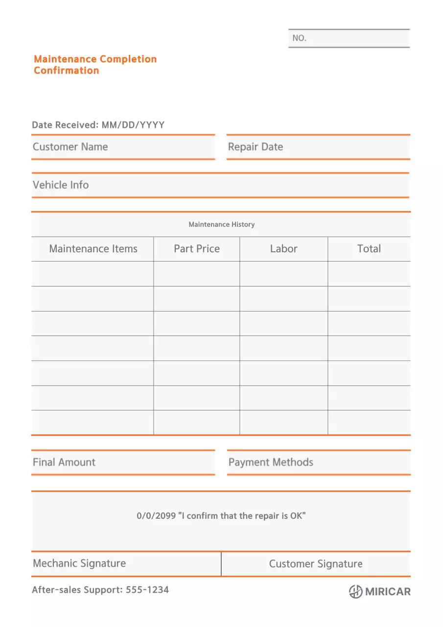 Giấy chứng nhận bảo dưỡng xe đơn giản màu cam