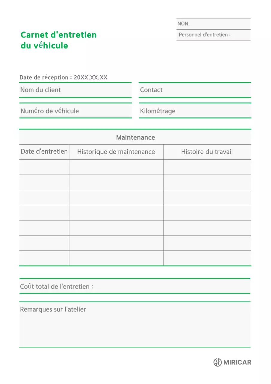 Carnet de bord du véhicule de base vert
