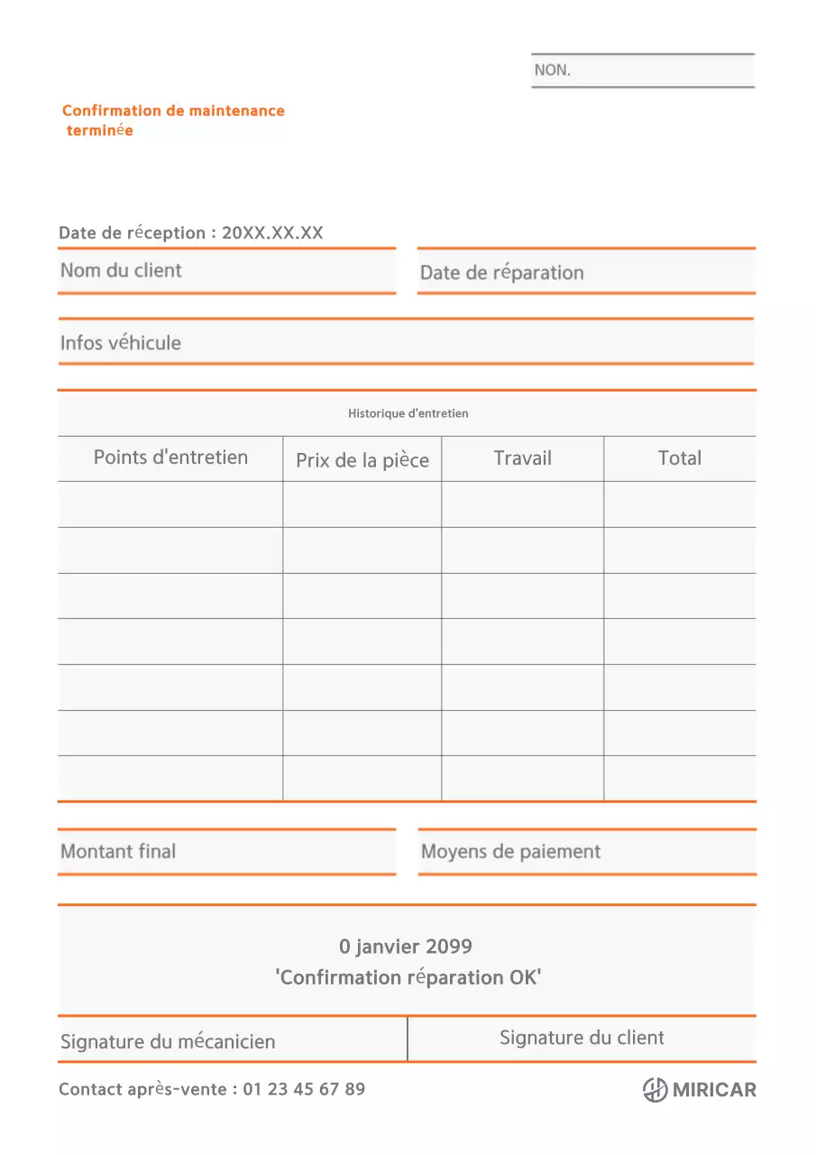 Certificat d'entretien de véhicule simple orange