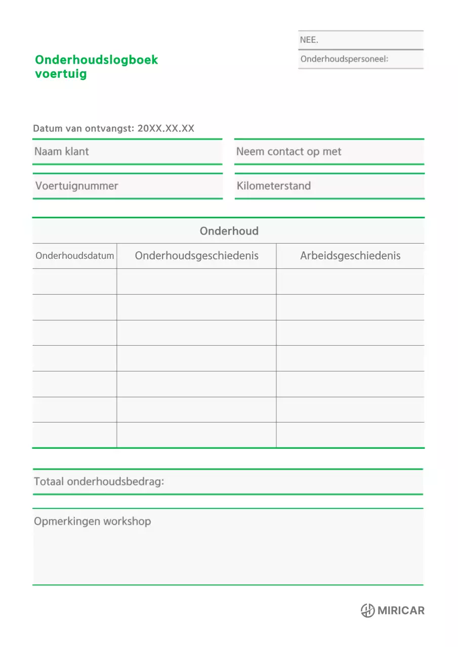 Groen Basis Voertuig Logboek
