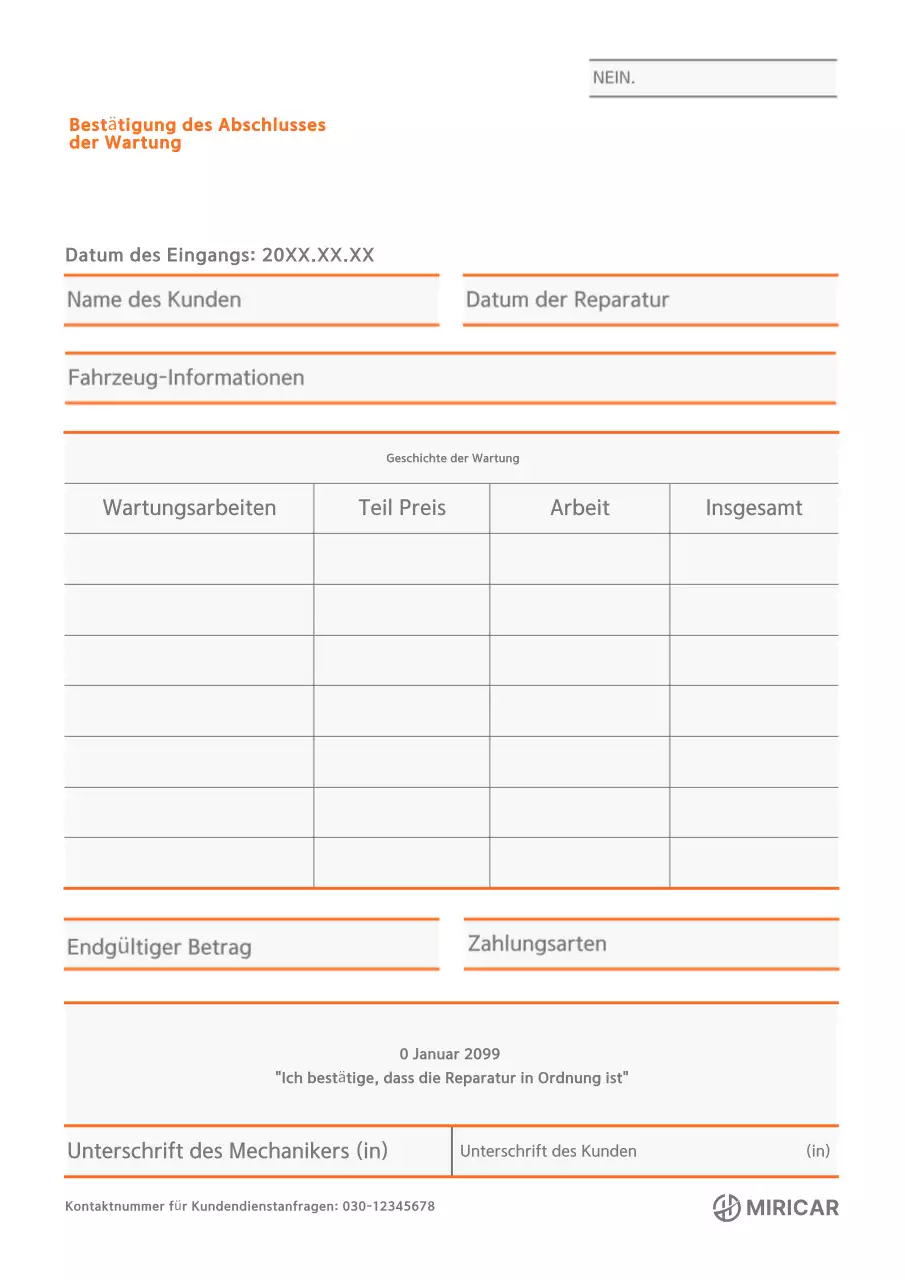 Orange Einfaches Fahrzeugwartungszertifikat