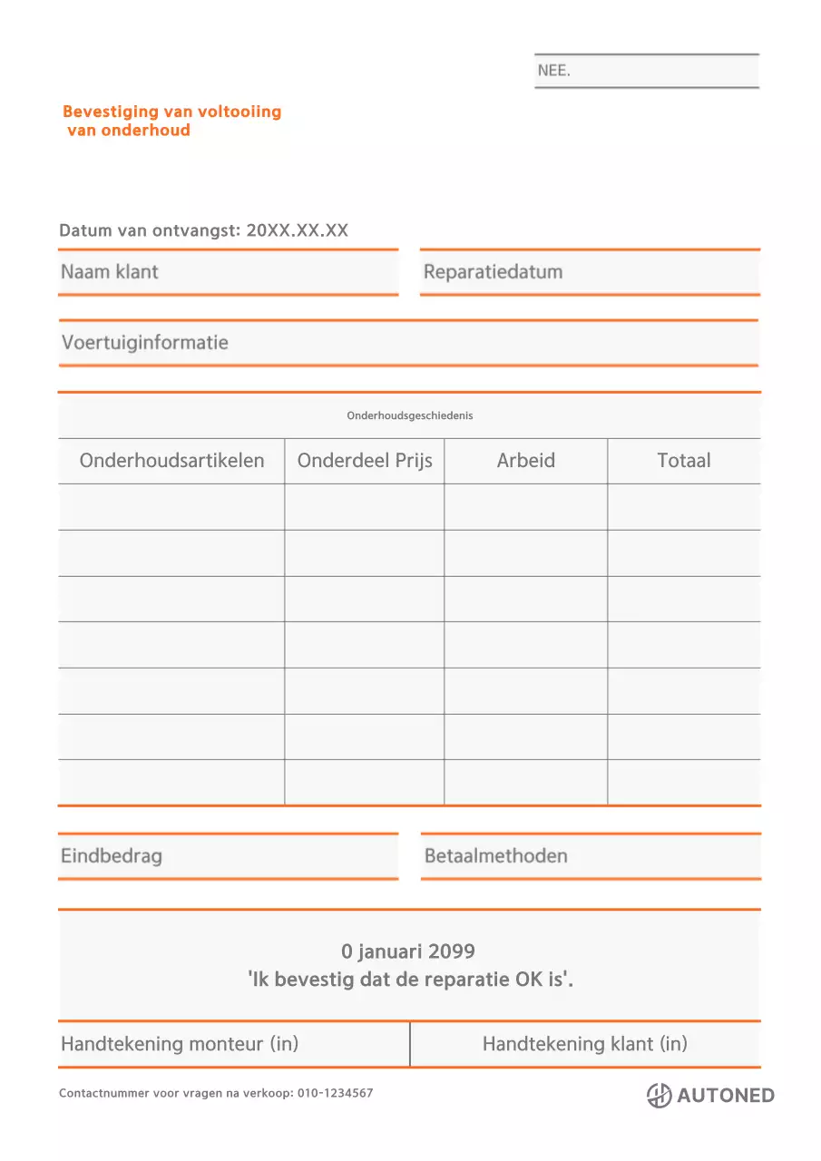 Oranje Eenvoudig Voertuig Onderhoudscertificaat