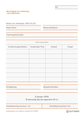 Oranje Eenvoudig Voertuig Onderhoudscertificaat