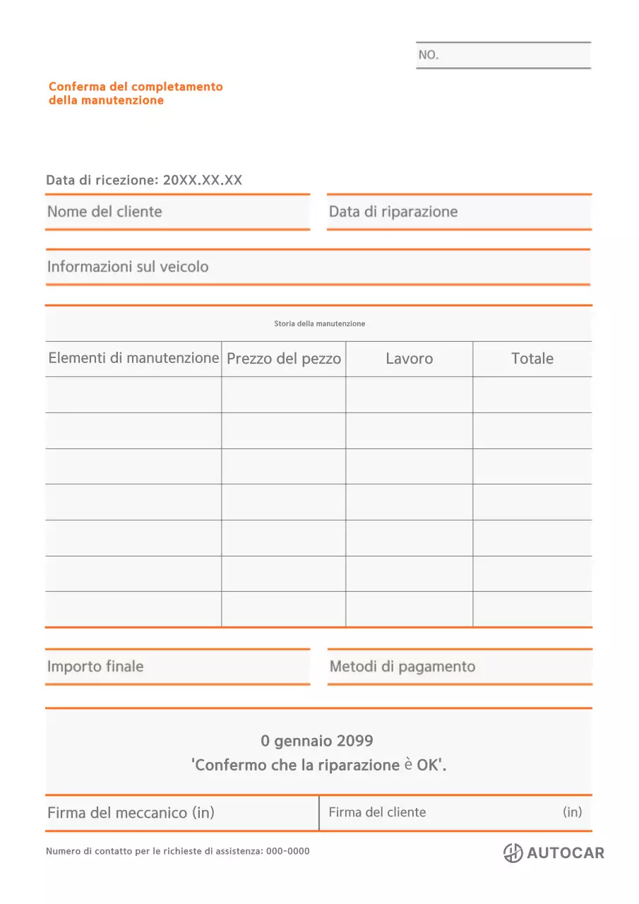 Certificato di manutenzione semplice del veicolo arancione