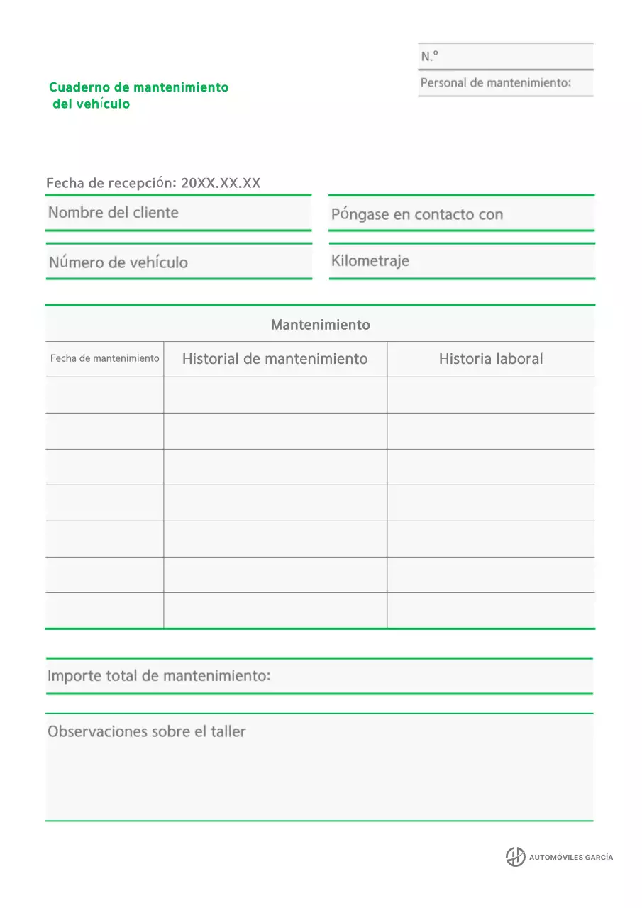 Libro de registro básico del vehículo verde