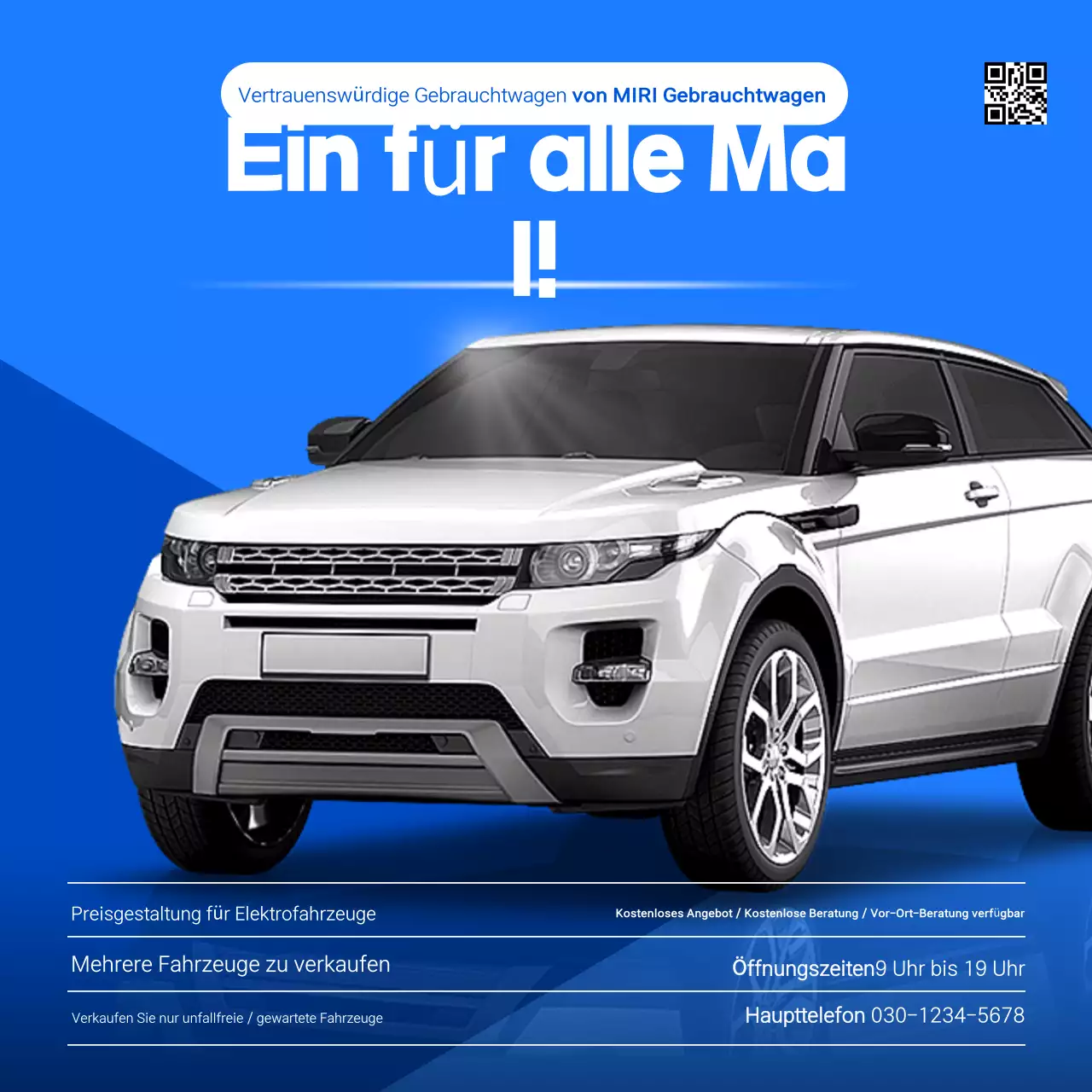 Blaue moderne Gebrauchtwagenanzeige