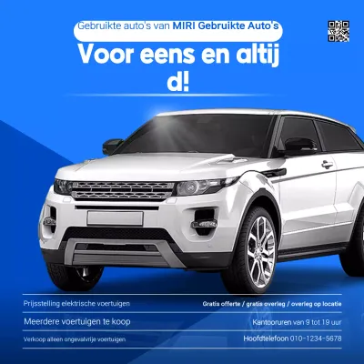 Blauwe moderne tweedehands auto advertentie