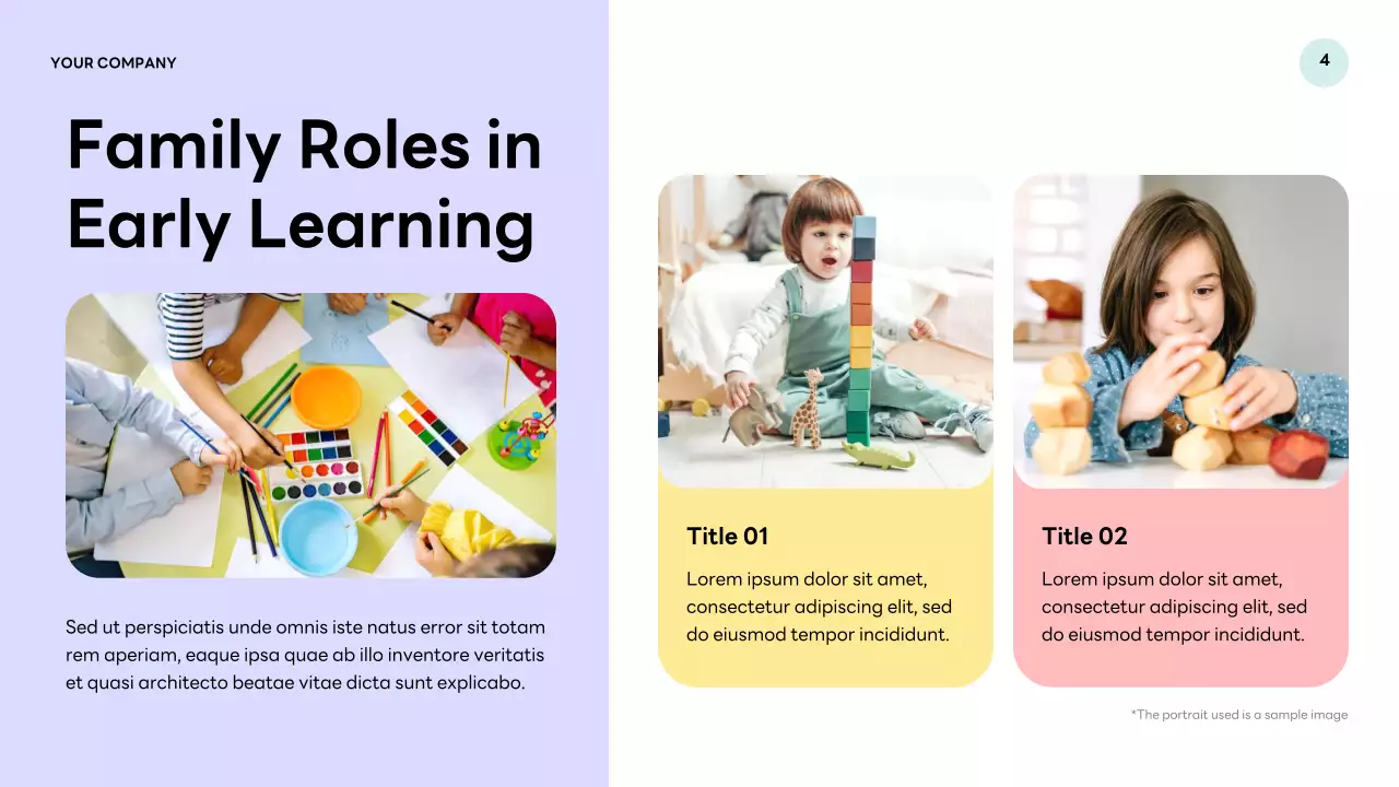 Apresentação de palestra sobre educação infantil moderna roxa