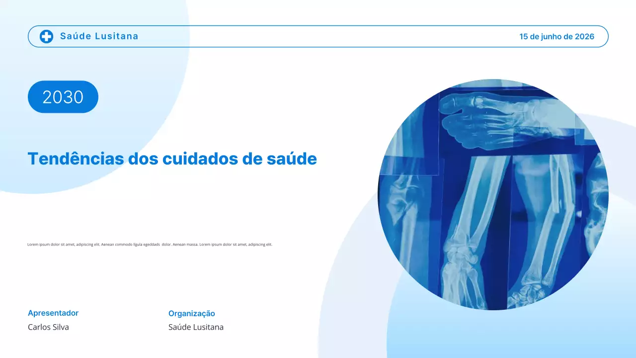 Apresentação sobre tendências modernas em saúde em azul