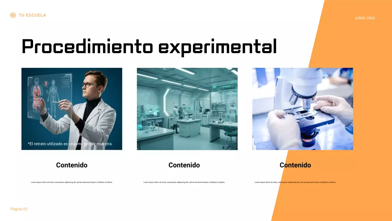 Presentación del informe del experimento científico geométrico en negro y naranja