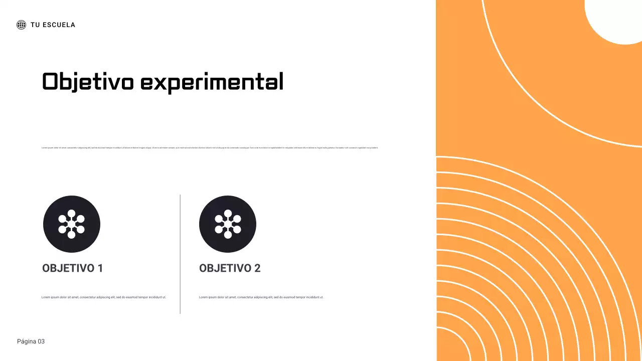 Presentación del informe del experimento científico geométrico en negro y naranja