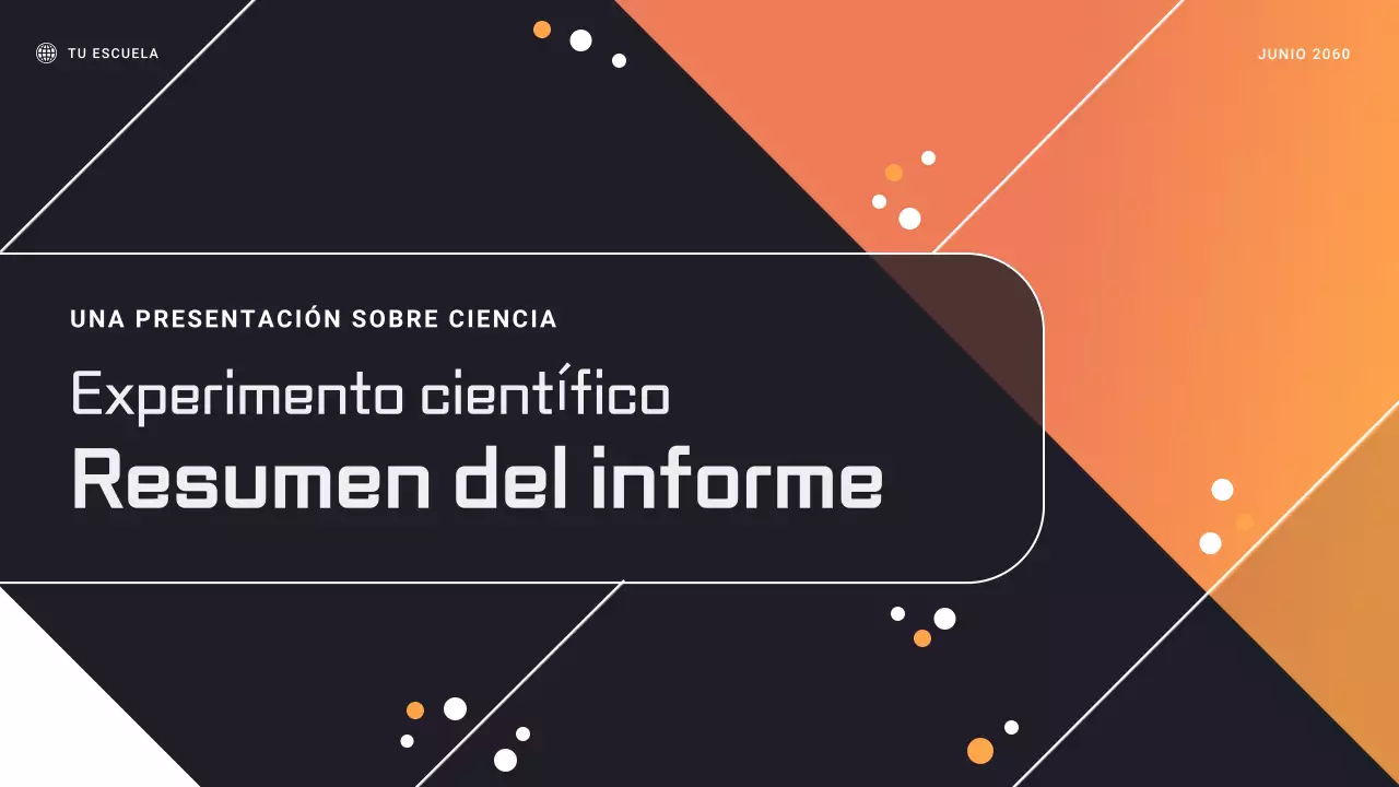 Presentación del informe del experimento científico geométrico en negro y naranja