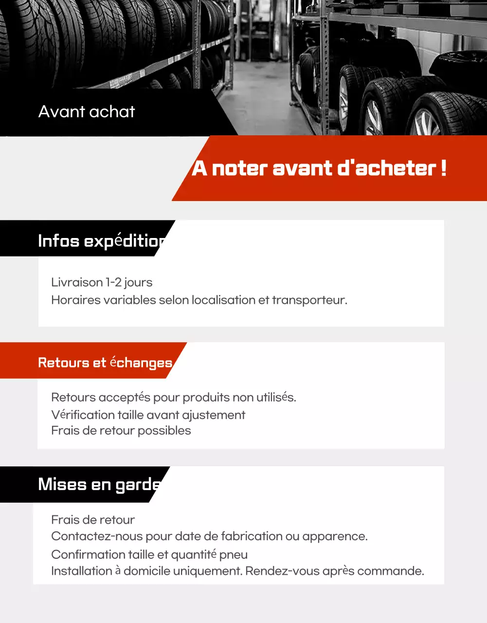 Annonce de vente de pneus de voiture noirs modernes