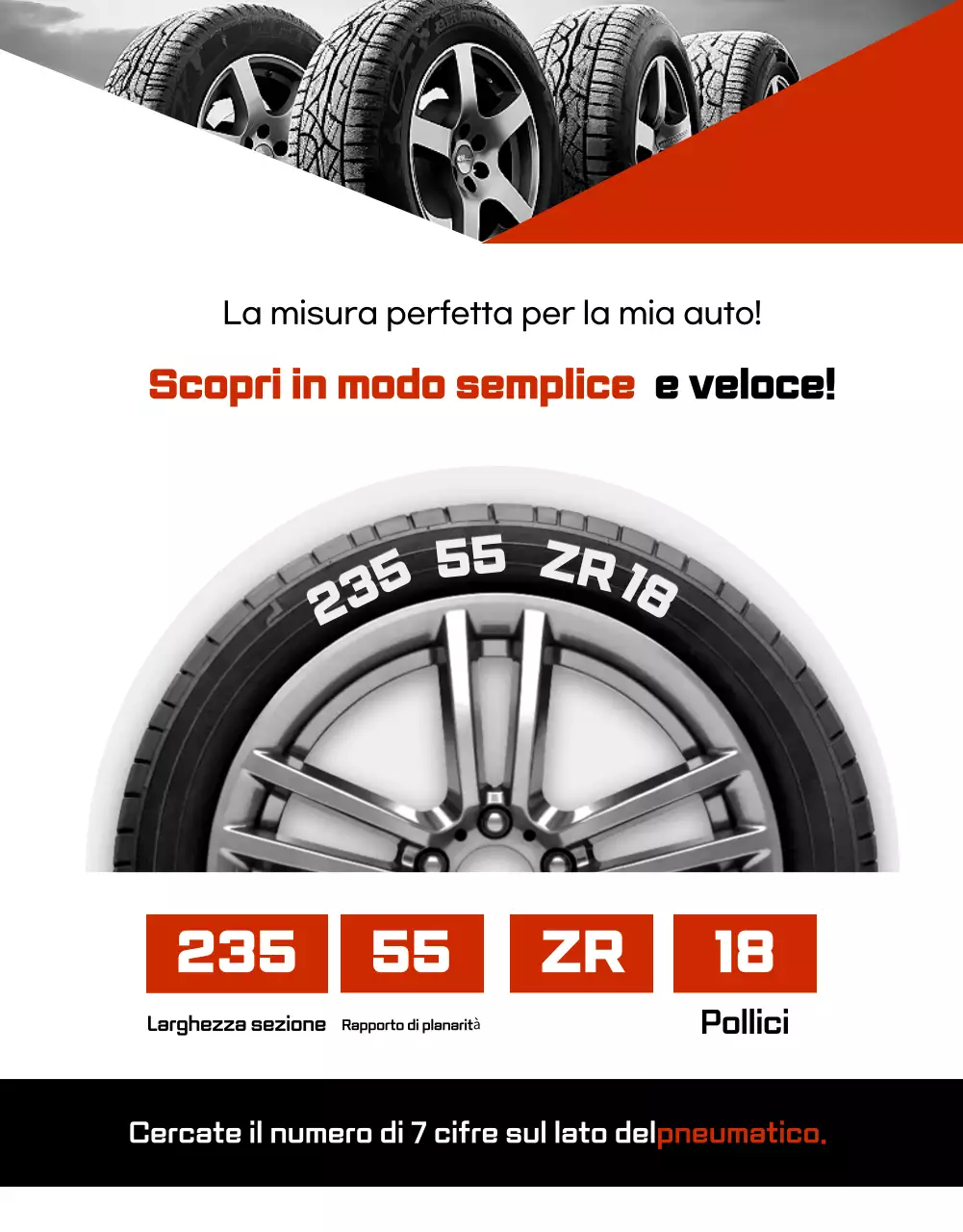 Pubblicità di pneumatici neri moderni per auto in vendita