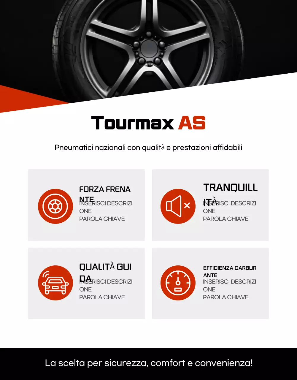 Pubblicità di pneumatici neri moderni per auto in vendita