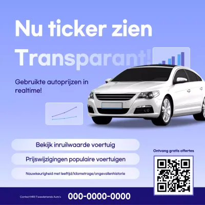 Advertentie voor moderne, hemelsblauwe tweedehandsauto's