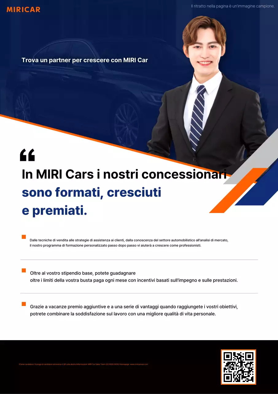 Annuncio di lavoro per concessionaria di auto moderne in arancione e blu