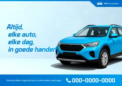 Blauwe moderne tweedehands auto advertentie