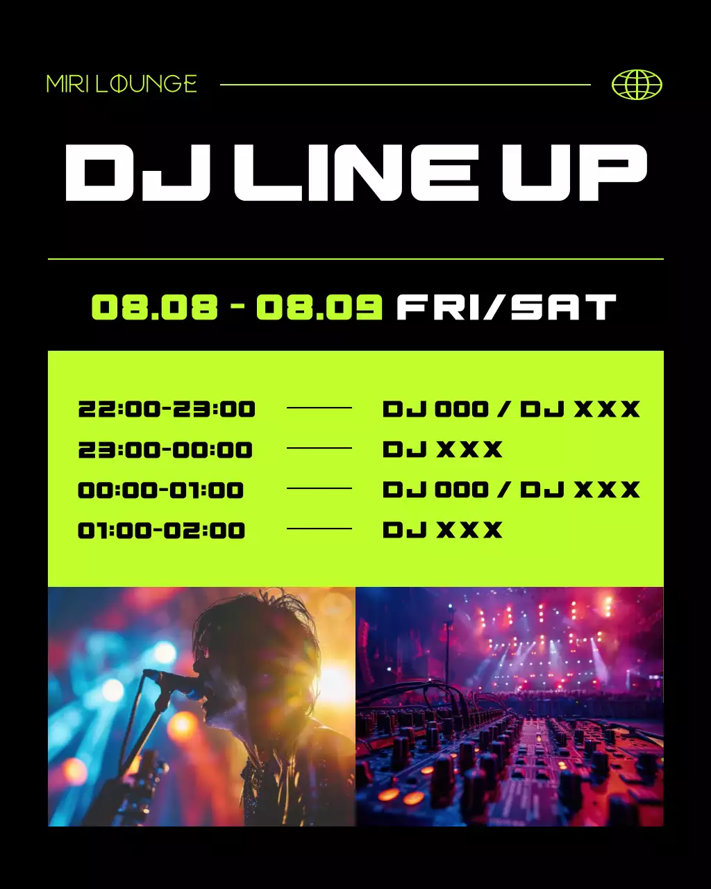 검정과 연두색의 사이버펑크 스타일 클럽 디제잉 광고