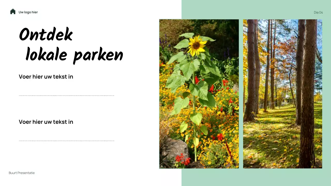 Groene, eenvoudige, bloemige presentatie van mijn buurt