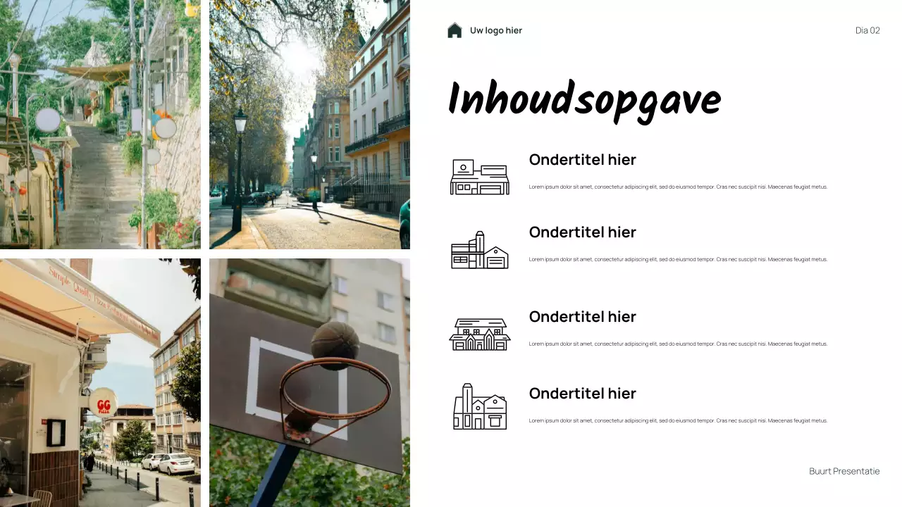 Groene, eenvoudige, bloemige presentatie van mijn buurt