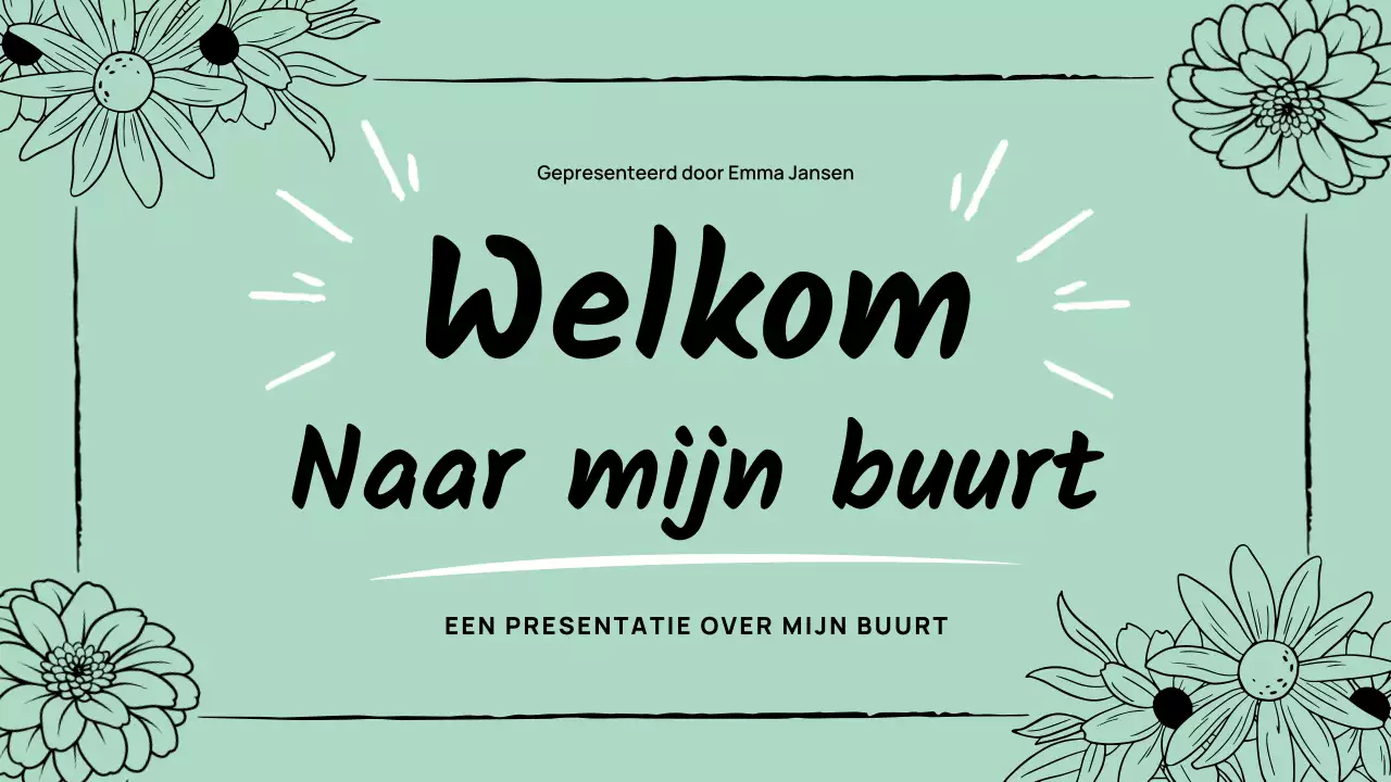 Groene, eenvoudige, bloemige presentatie van mijn buurt
