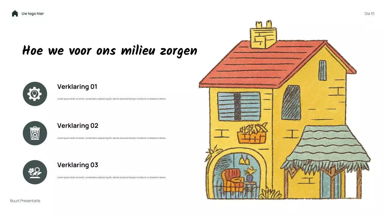 Groene, eenvoudige, bloemige presentatie van mijn buurt