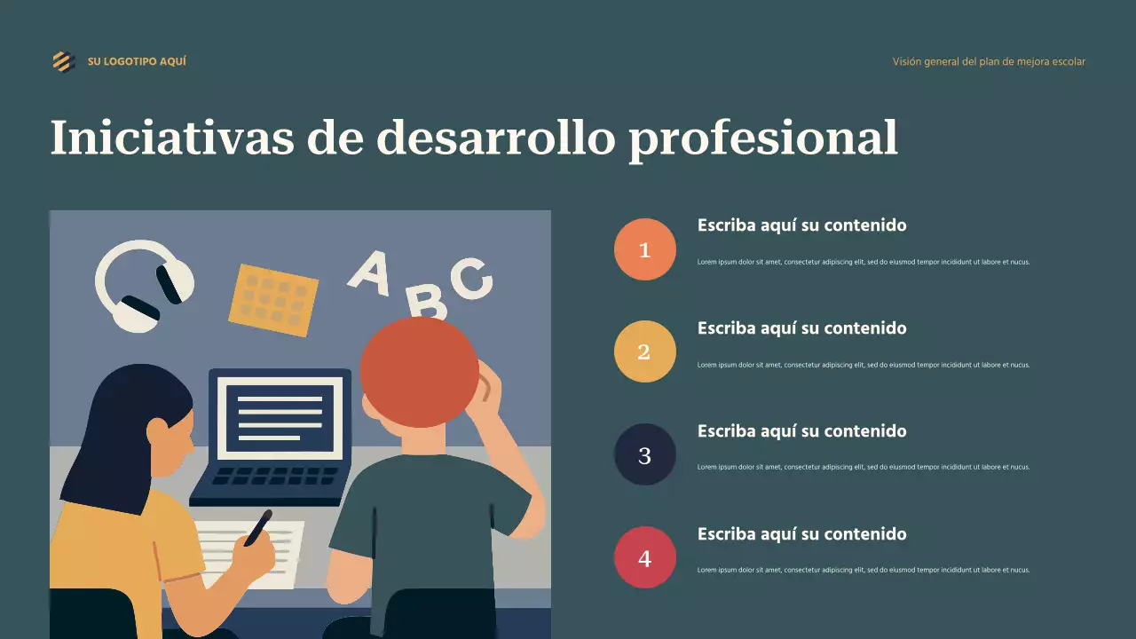 Presentación general del plan de mejora escolar en color verde azulado