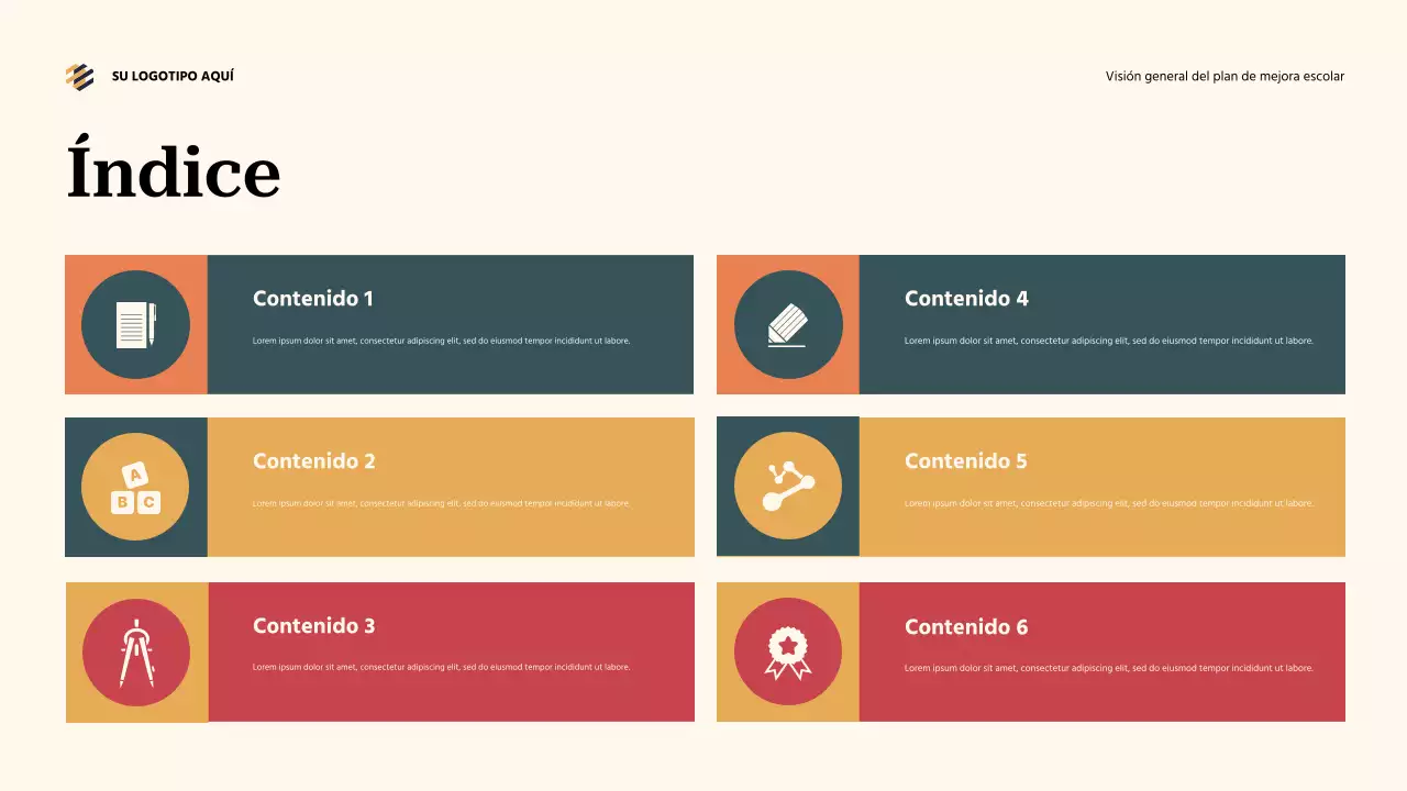 Presentación general del plan de mejora escolar en color verde azulado