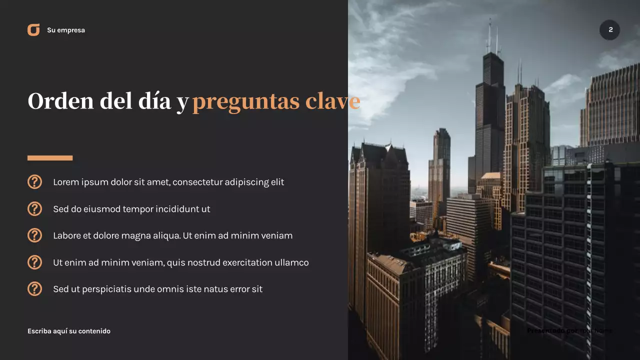 Presentación empresarial moderna en negro