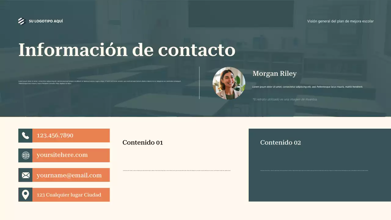 Presentación general del plan de mejora escolar en color verde azulado