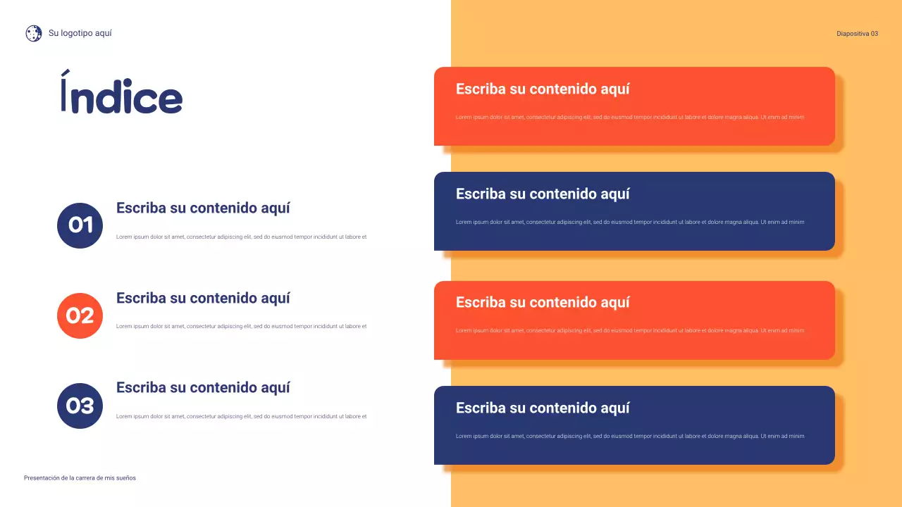 Presentación lúdica de mi carrera soñada en azul y naranja