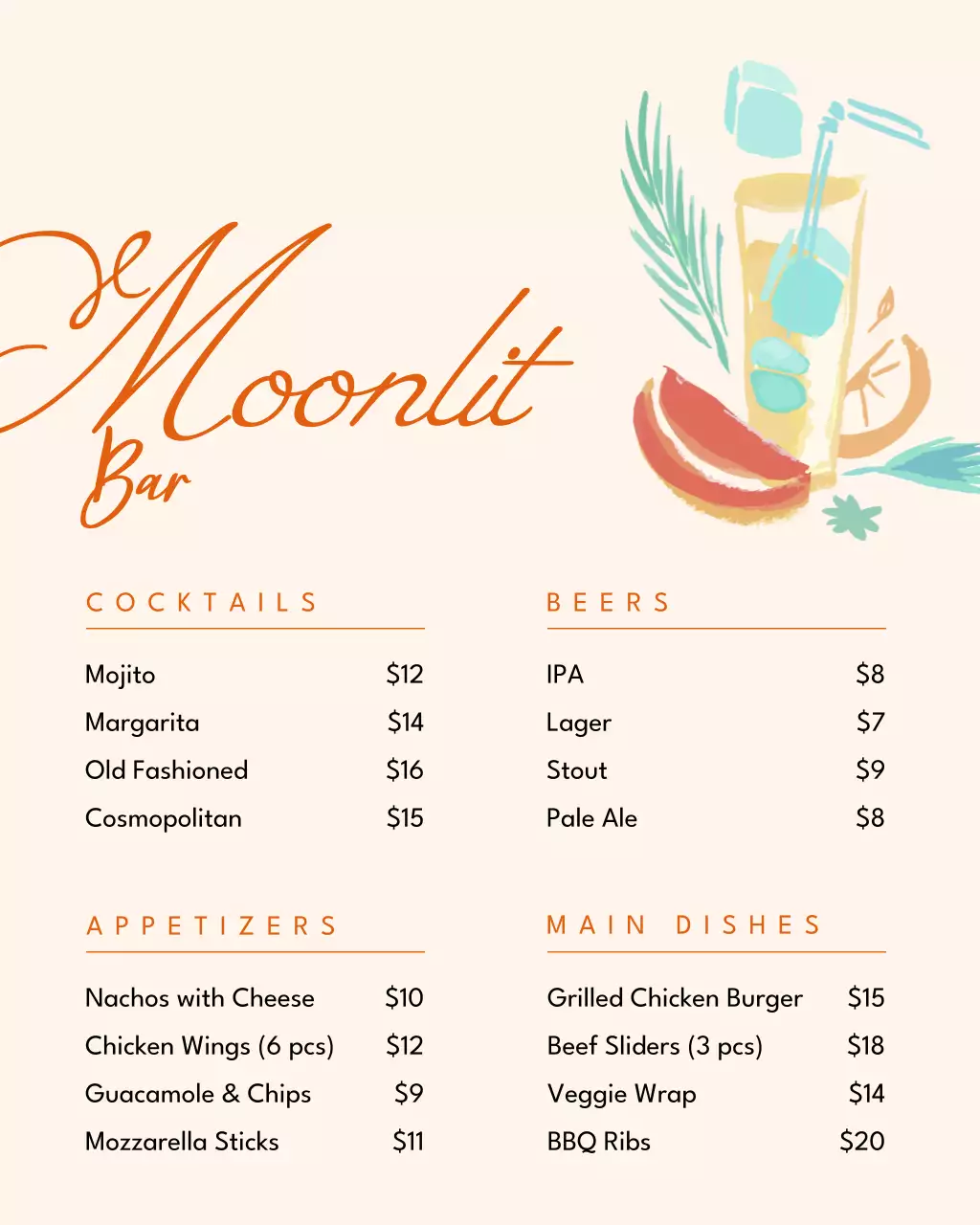 Beige Elegant Bar Menu Instagram Post