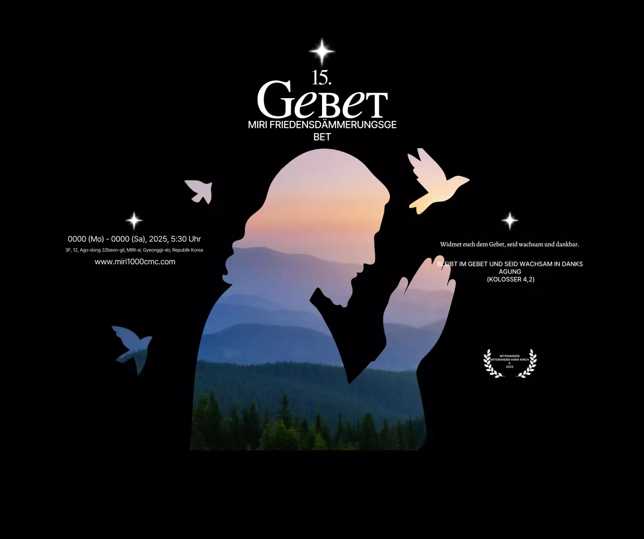 Werbung für das Gebetstreffen der Kirche mit der Silhouette von Jesus mit Foto