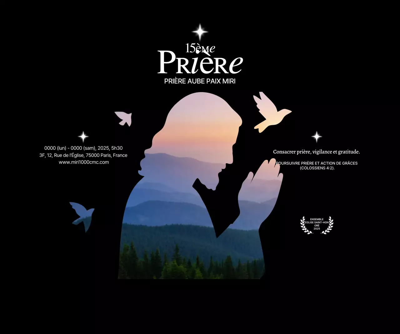 Promotion d'une réunion de prière à l'église avec la silhouette de Jésus et sa photo