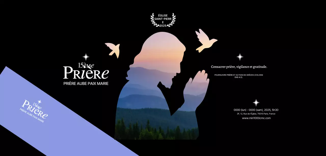 Promotion d'une réunion de prière à l'église avec la silhouette de Jésus et sa photo