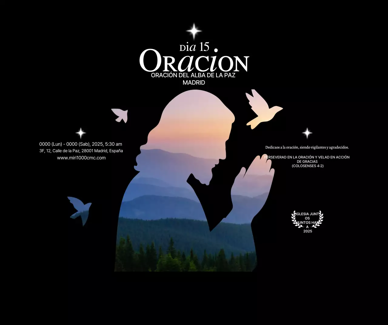 Promoción de reunión de oración de la iglesia con la silueta de Jesús con foto