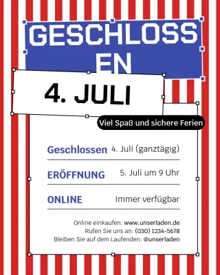 Ankündigung der Feiertagsschließung im blauen Neobrutalismus auf Instagram