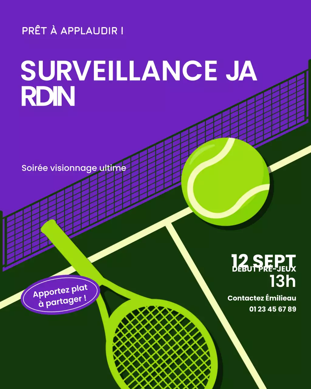 Publication Instagram d'une soirée de visionnage de tennis verte et illustrative