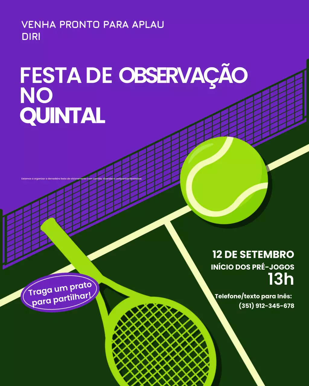 Postagem ilustrativa verde do Instagram sobre a festa do tênis