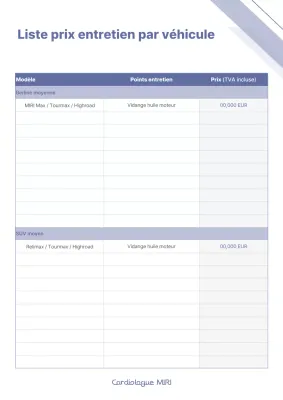Rapport détaillé simple sur la liste des prix d'entretien spécifiques aux modèles de voitures bleues et blanches
