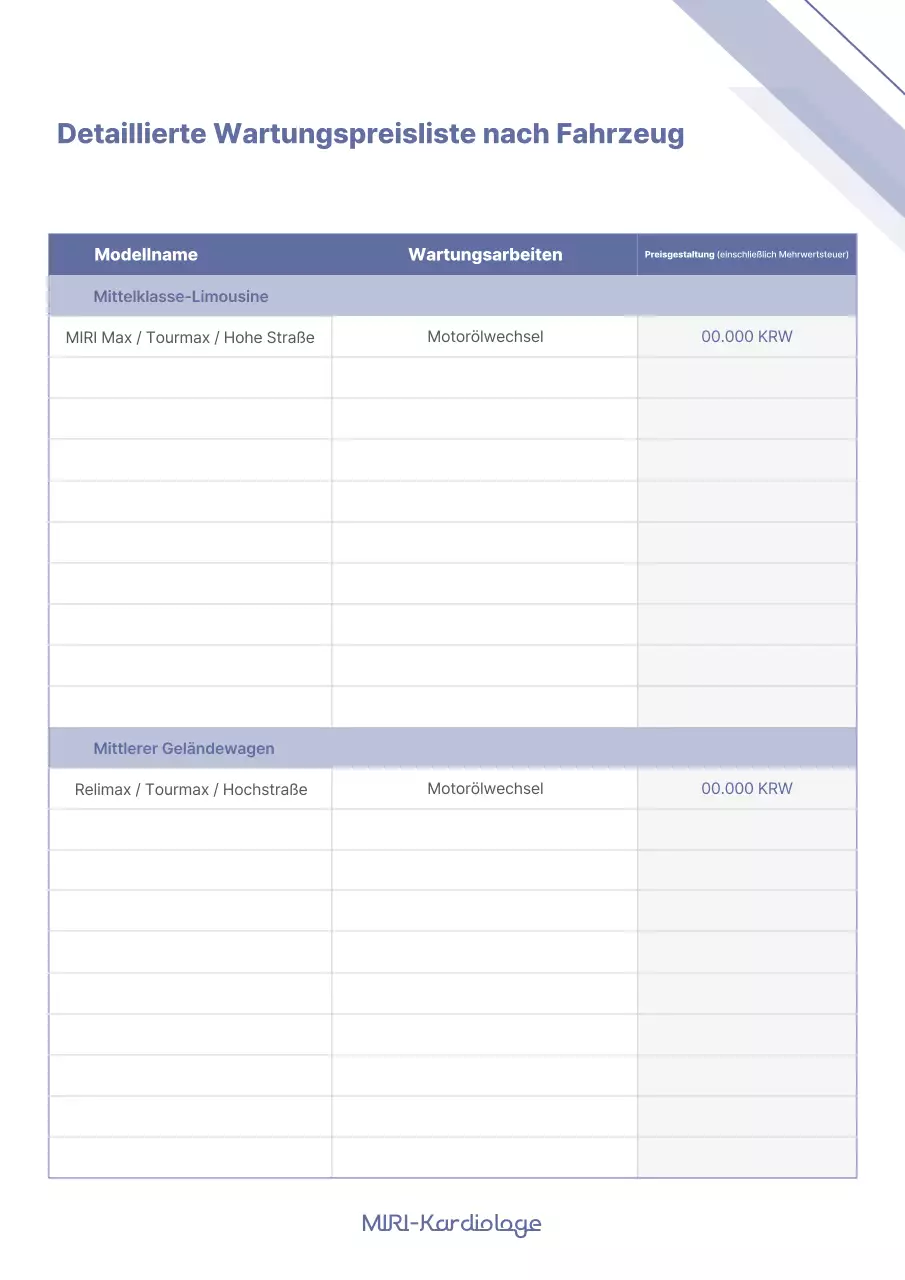 Einfacher blau-weißer, automodellspezifischer detaillierter Wartungspreislistenbericht