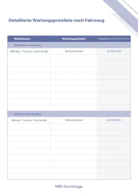 Einfacher blau-weißer, automodellspezifischer detaillierter Wartungspreislistenbericht