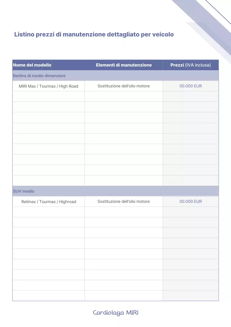 Semplice rapporto dettagliato sui prezzi di manutenzione specifici per modello di auto blu e bianca