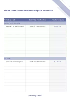 Semplice rapporto dettagliato sui prezzi di manutenzione specifici per modello di auto blu e bianca