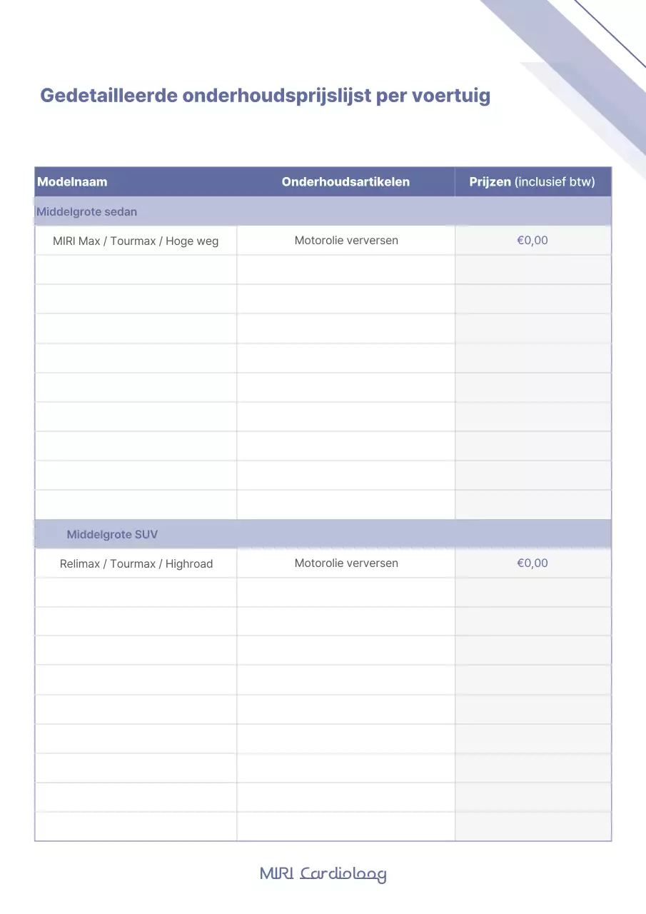 Eenvoudig blauw-wit automodelspecifiek gedetailleerd onderhoudsprijslijstrapport