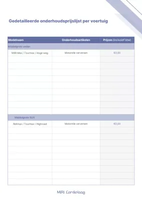 Eenvoudig blauw-wit automodelspecifiek gedetailleerd onderhoudsprijslijstrapport
