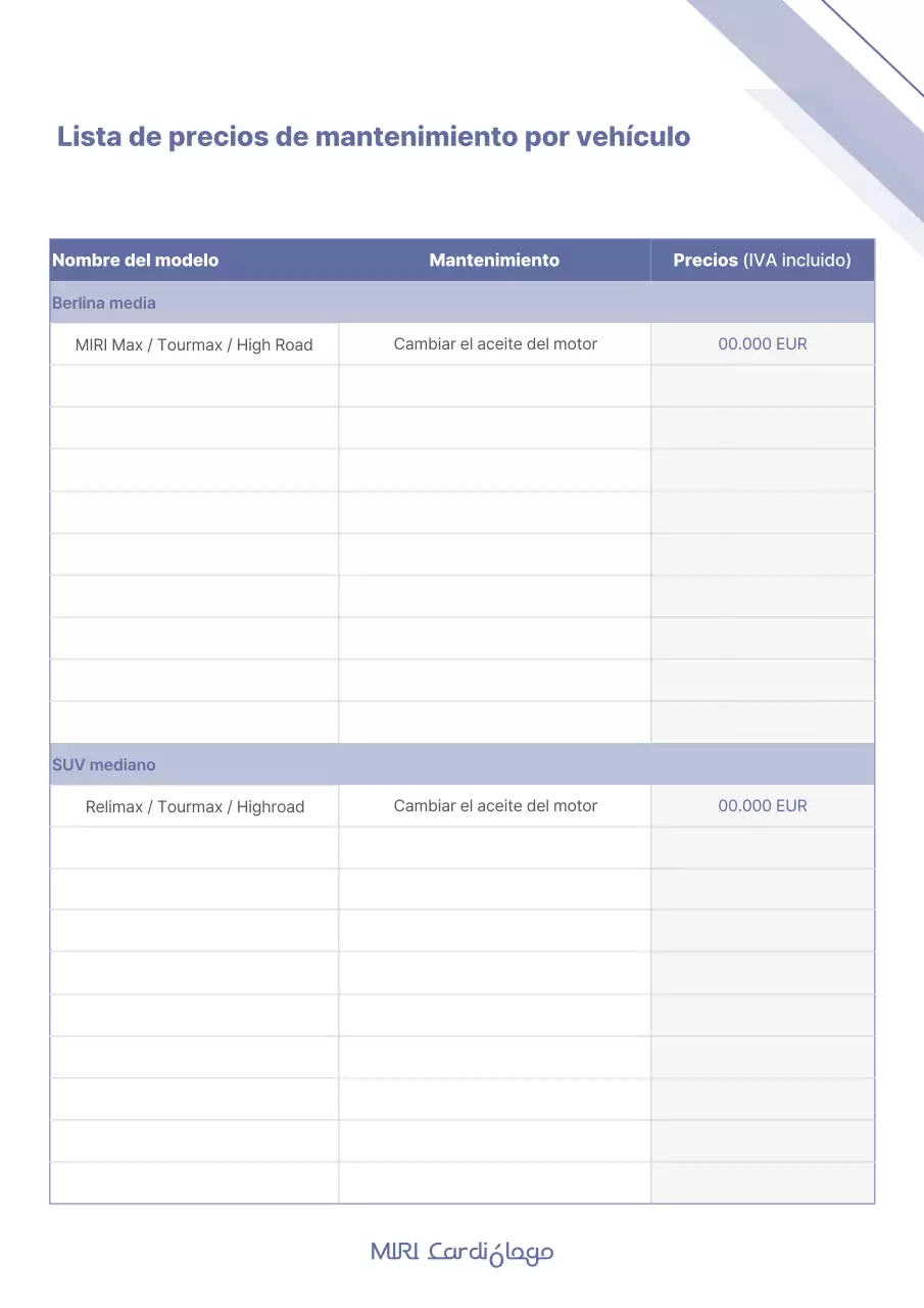 Informe de lista de precios de mantenimiento detallado y específico para modelos de automóviles en azul y blanco.